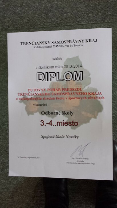 Putovný pohár predsedu Trenčianskeho samosprávneho kraja o najúspešnejšiu strednú školu v športových súťažiach, kde sme sa umiestnili na 3. - 4.mieste v školskom roku 2013/2014
