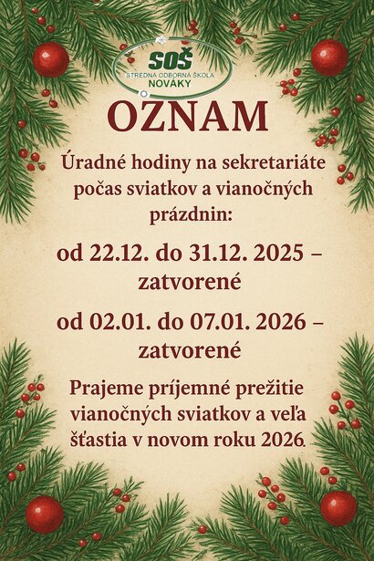 Vianočný oznam o úradných hodinách