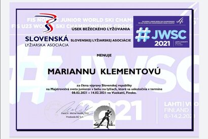 Naša žiačka Marianna Klementová z 3.B triedy bude reprezentovať Slovensko ako členka výpravy na Majstrovstvách sveta juniorov v behu na lyžiach. Gratulujeme a budeme držať palce .