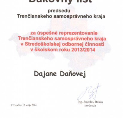 Poďakovanie za reprezentáciu TSK v Stredoškolskej odbornej činnosti v š.r.2013/2014